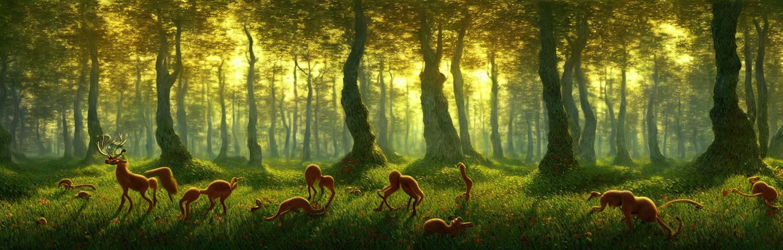 A Small Forest Full Of Animal Life, Studio Lighting, Golden...