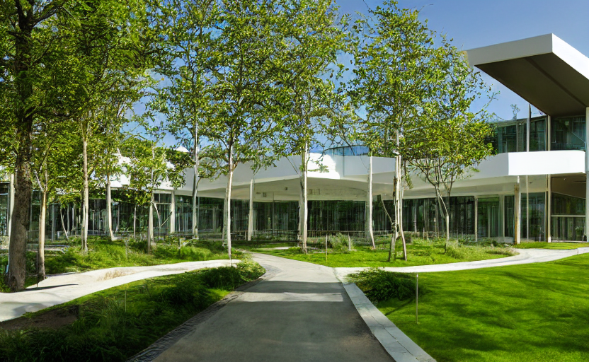 Natural Modern Hospital Campus Exterior Of Multiple Lower Bu...