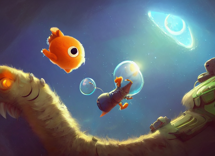 Cute Animal Characters Floating In Space, Fantasy, Concept A...