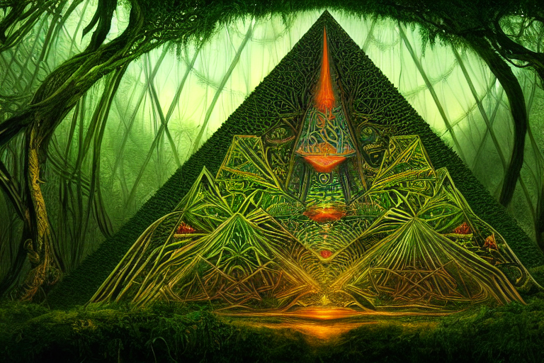 An Alien Pyramid In A Lush Forest, Psychedelic Patterns, Cel...