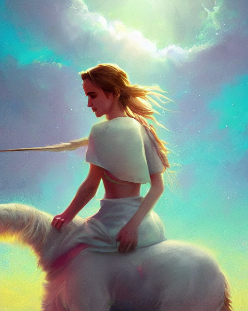 Portrait Of Emma Watson Riding A Unicorn, Pastel Cloudscape,...