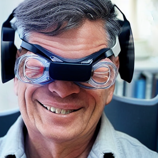 A Smiling Old Man Wearing A Vr Headset In A Dystopian Scienc...