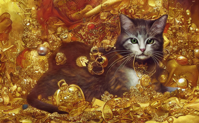 Royal Cat In A Pile Of Gold And Jewels, Desktop Background,...