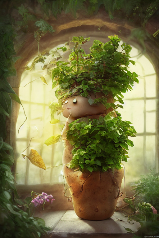 Cute Potato With Human Face, In A Pot, Head With Leaves Leav...
