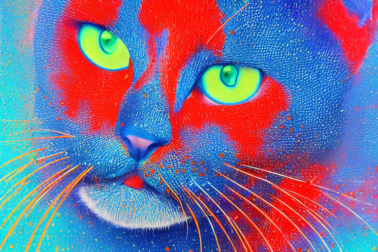 Digital Art Portrait Of A Blue Robot Cat With A Red Clown No...