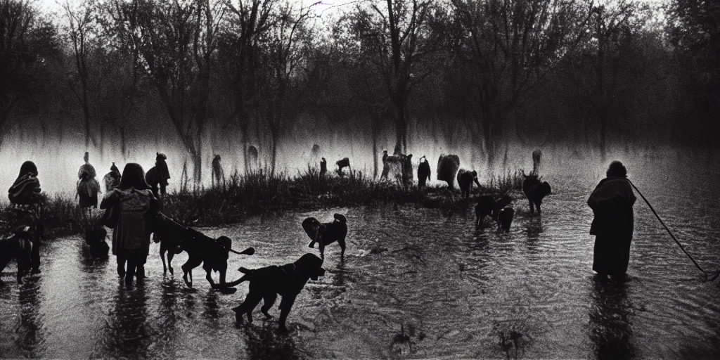 Movie Still Of A Crowd Of Elder Women And Dogs In A Swamp By...