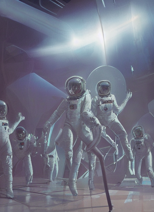Astronauts In Chrome Suits In Bright Room - Complex Composit...
