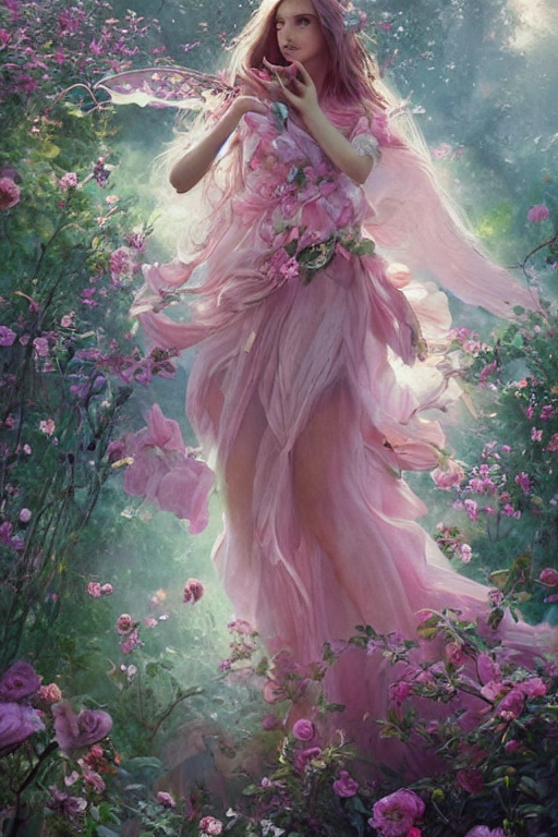 A Pink Beautiful Fairy With Large Butterfly Wings And Flowin...