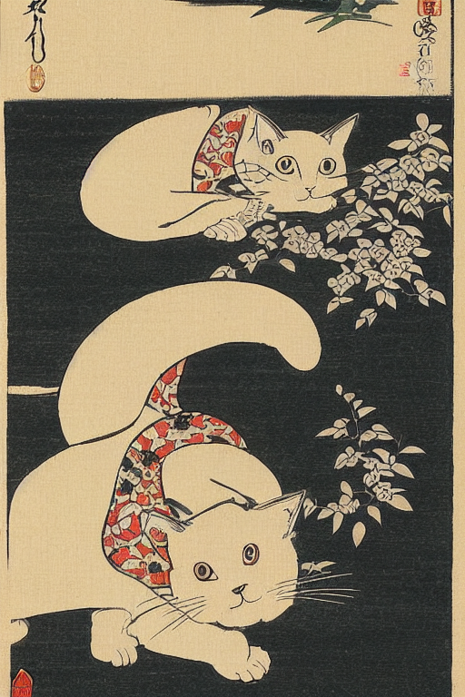 A Japanese Woodblock Print Of A Japanese Cat By Ohara Koson...