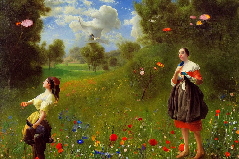Highly Detailed Oil Painting Of A Female Bird Watcher In A M... — Stable Diffusion AI Prompt: highly detailed oil painting of a female bird watcher in a meadow with flowers a...