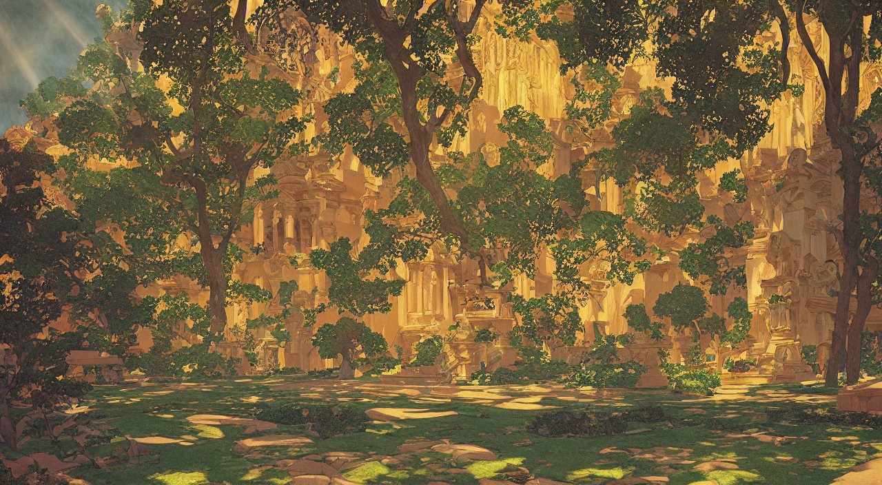 Beautiful Ancient Temple In A Formal Garden. By Edmund Dulac...