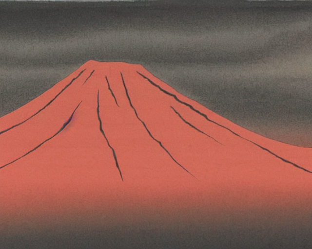 Japanese Ink Art Style, Red Sun Hiding Behind Black Mountain...