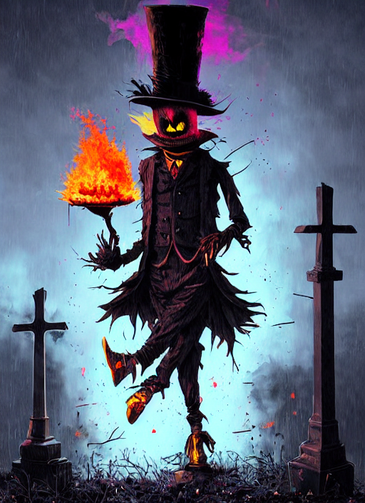 A Spooky Scarecrow Holding A Match, Wearing A Top Hat In Fro...