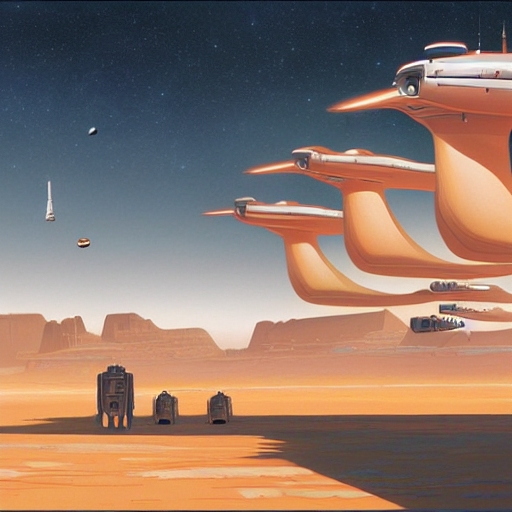 Spaceport On A Vast Desert Planet With Ships Taking Off, By...