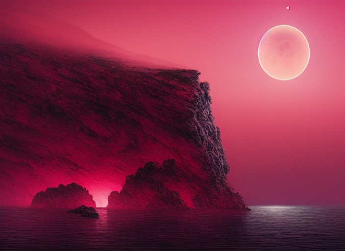 A Rocky Moonscape With Saturn Rising Over The Horizon, Pink...