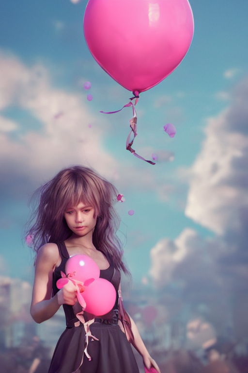 Cyborg Girl Holding Large Pink Balloon, Kawaii, Ultra Realis...