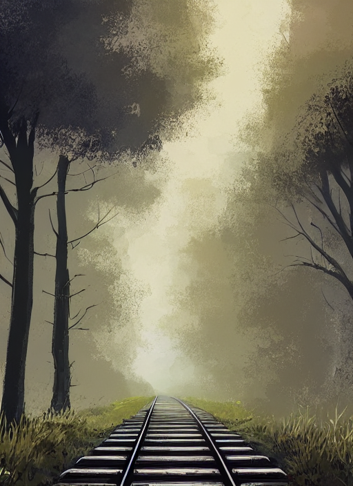 Railway Track With Trees, Clouds, Woodland, Painting, Digita...
