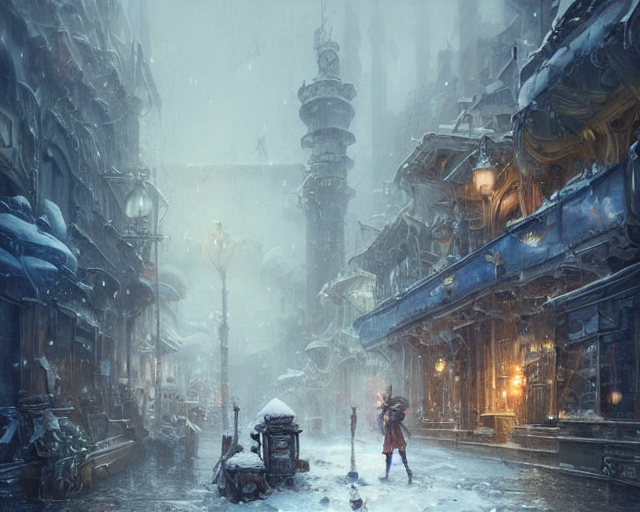Magitek Armor, Steampunk Cityscape In Snowy Cold Environment...