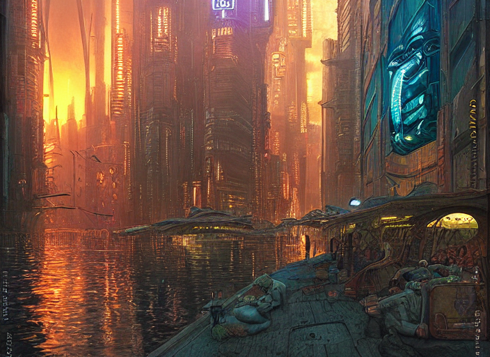 Scifi Cyberpunk Mysterious Market On River, Golder Hours, By...