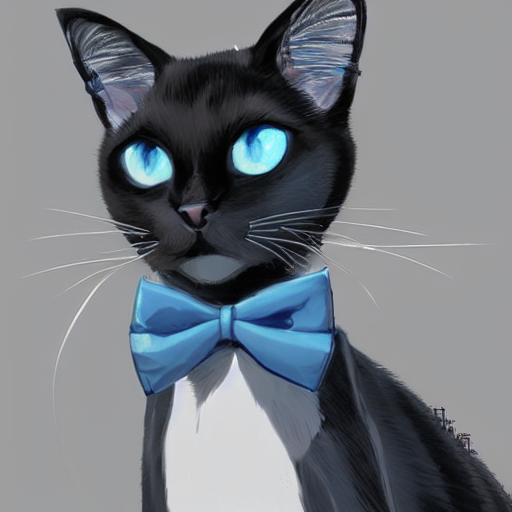 A Blue - Eyed Black Siamese Cat Wearing A Bowtie, By Makoto...