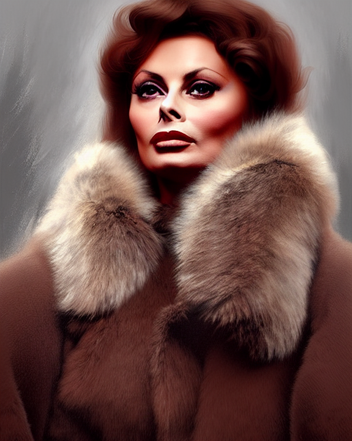 Young Sophia Loren With Bear Fur Coat Winter, Realistic Sh...