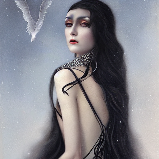 Portrait Of A Beautiful Winged Goddess With Horns, Long Wavy...