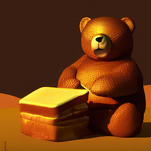 Bear Eating A Honey Sandwich Sitting On A Picnic Blanket...