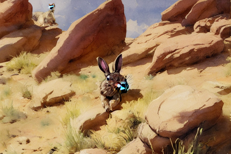 Watercolor Painting Of Rabbit In Rocky Desert Landscape Clos... — Stable Diffusion AI Prompt: watercolor painting of rabbit in rocky desert landscape closeup, ambient lightin...