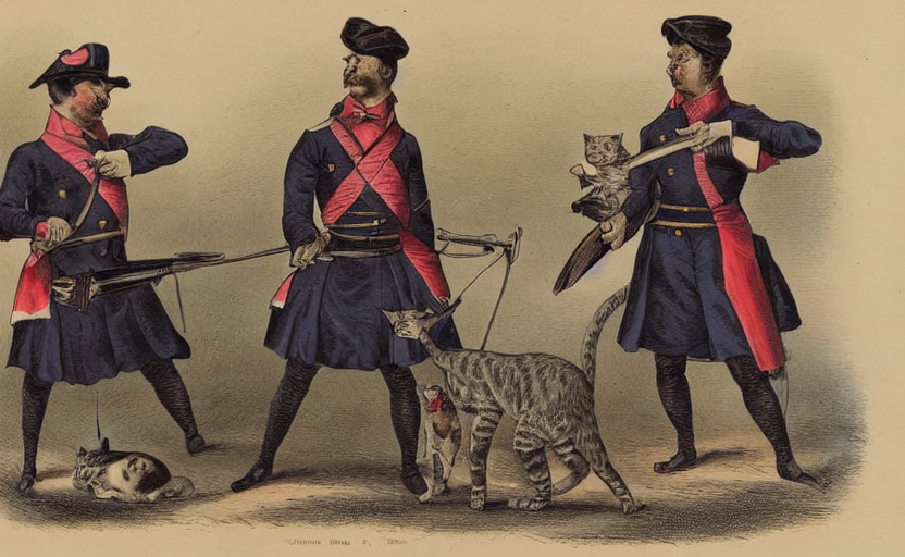Chromolithograph Of Three Cats In Civil War Uniforms.