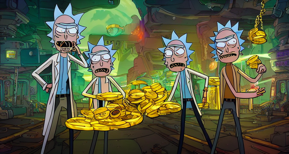 Rick And Morty Holding A Pile Of Gold Coins, Beautiful Detai...