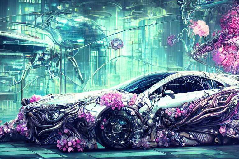 Detailed Digital Biopunk Biomechanical Car In Front Of Retro...