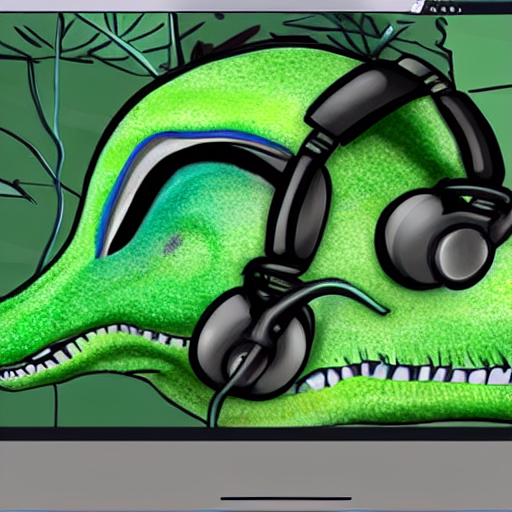 Realistic Green Dinosaur Sauropod Wearing Headphones Streami...