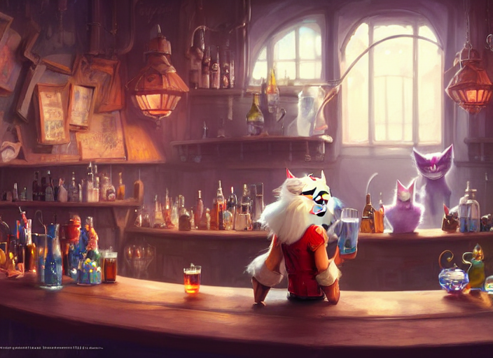 Grumpy Crazy Cat Lady Sitting In A Bar, Fantasy, Concept Art...