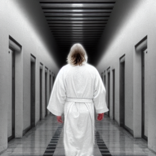 A Person In A White Robe Walking Down A Long Hallway, A Scre...