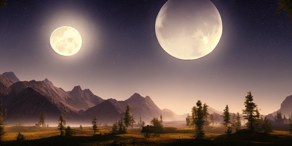 Render Of Dreamy Beautiful Landscape, Nightfall, Moon, Dream...
