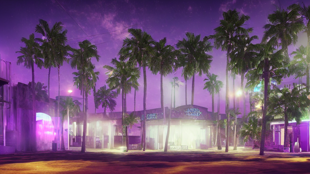 Exterior Of An Abandoned Discotheque At Night, Palm Trees, P...