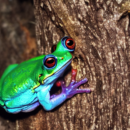 A Realistic Blue Metallic Tree Frog Sitting In A Tree, Cyber...