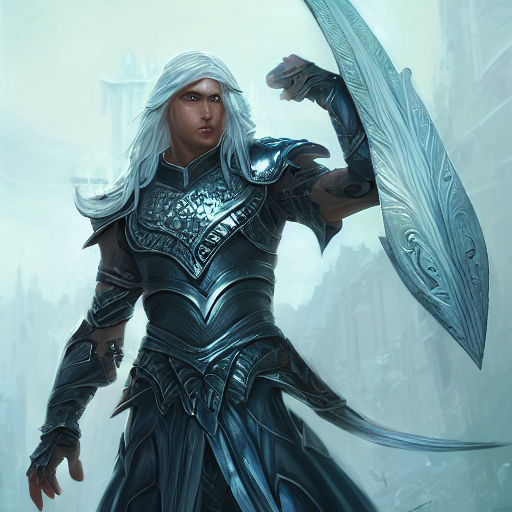 Male Elf Warrior With Long Silver Hair, Silver Armor, Shimme...