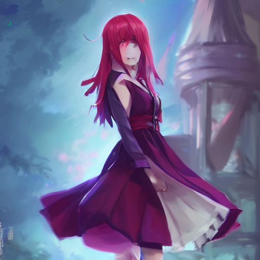 Anime Girl Wearing Purple Dress, Red Shoes, Red Hair Tie. By...