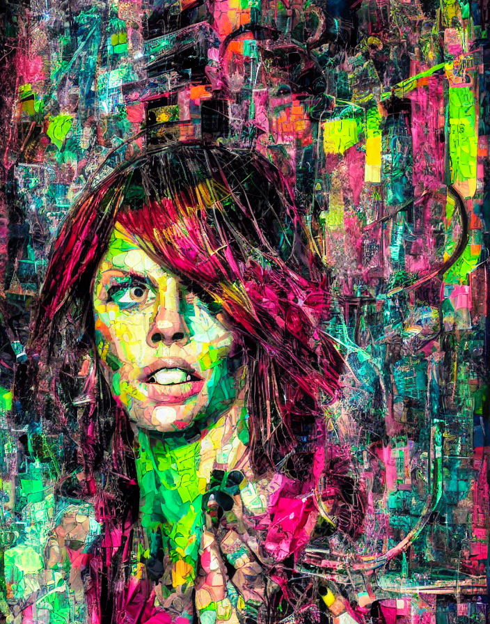 She Chained In Neon Chains, Digital Collage, Decoupage, Asse... — Stable Diffusion AI Prompt: she chained in neon chains, digital collage, decoupage, assemblage, photomontage...