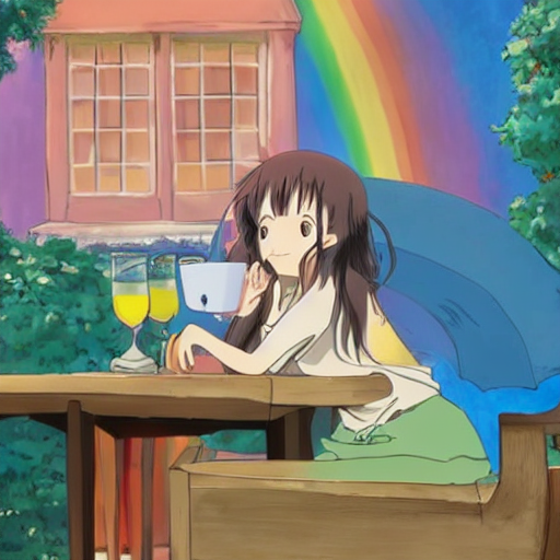 Studio Ghibli Anime, Adorable Woman With A Drink Sitting In...
