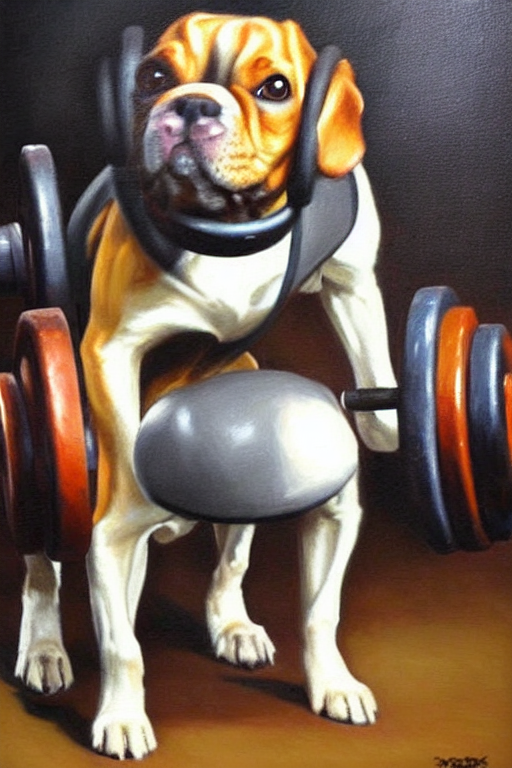 A Dog Doing Weights. Epic Oil Painting.