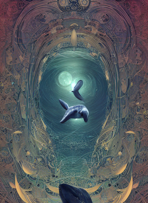 Whales Surrounded By Starlight, Moon Behind It, Digital Art,...