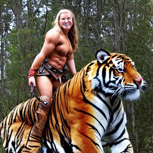 A Muscled Warrior Girl Mounted On A Large Siberian Tiger