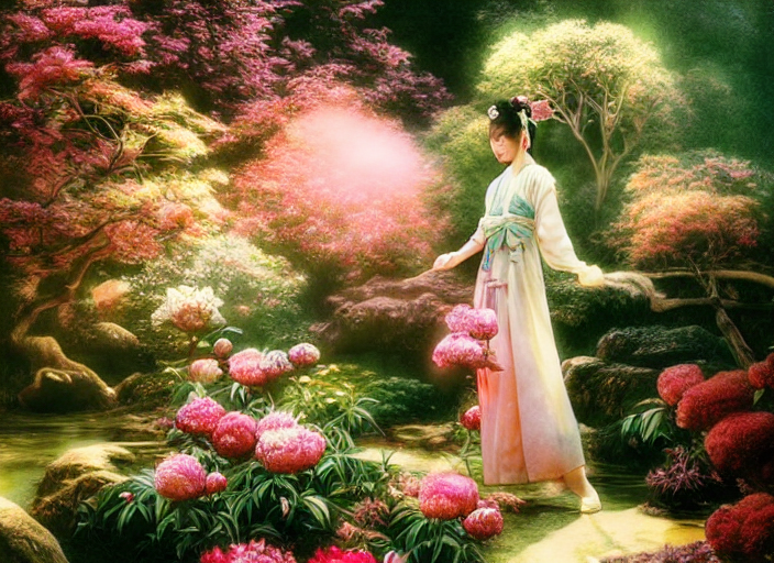 Japanese Fantasy Garden, Nigh, Beautiful Woman Caring For Pe...