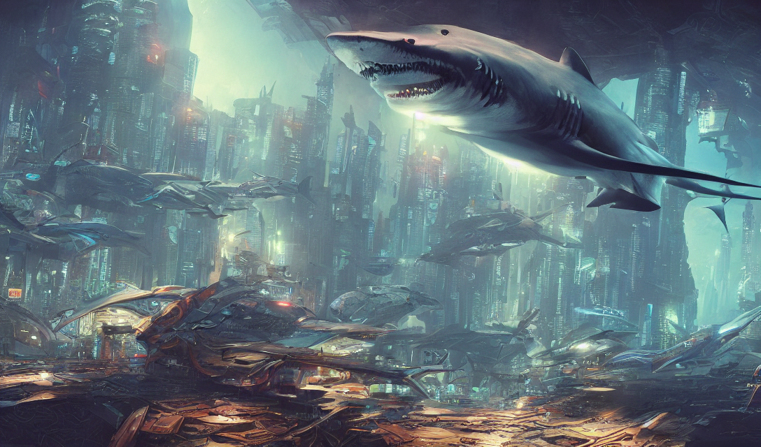Cyberpunk Shark, Desktop Background, Path Traced, Highly Det...