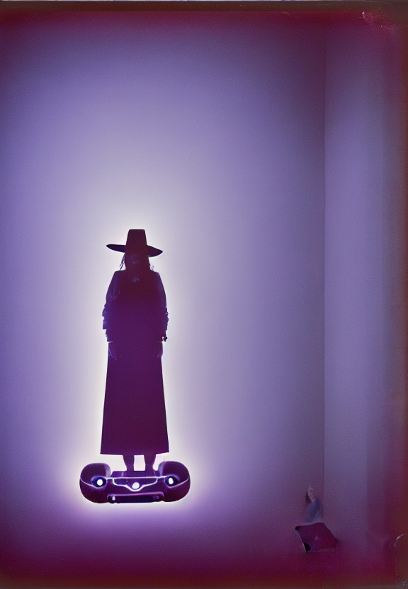 Mistic Silhouette Of A Woman In Big Hat Stay On A Hoverboard...