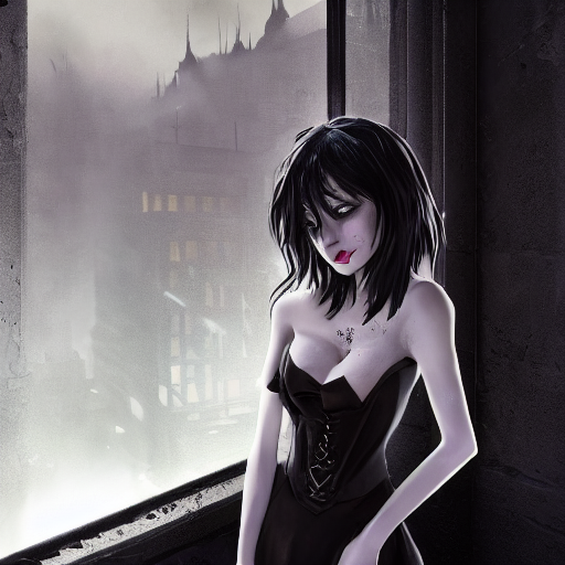 Beautiful Vampire Girl With Demon Horns Wearing A Black Dres...