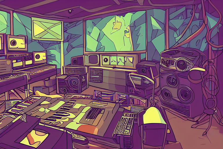 Musical Production Studio In Steven Universe Video Game Art... — Stable Diffusion AI Prompt: musical production studio in steven universe video game art style, hiphop, hick...