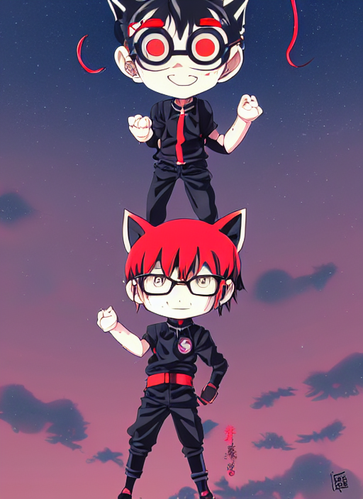 Chibi Anime Little Boy, Cat Ears, Red And Black Hero Suit, G...